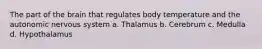The part of the brain that regulates body temperature and the autonomic nervous system a. Thalamus b. Cerebrum c. Medulla d. Hypothalamus
