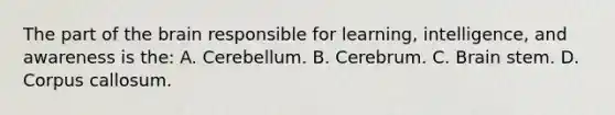 The part of the brain responsible for learning, intelligence, and awareness is the: A. Cerebellum. B. Cerebrum. C. Brain stem. D. Corpus callosum.