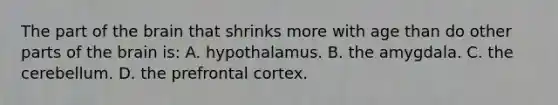 The part of the brain that shrinks more with age than do other parts of the brain is: A. hypothalamus. B. the amygdala. C. the cerebellum. D. the prefrontal cortex.