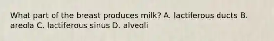 What part of the breast produces milk? A. lactiferous ducts B. areola C. lactiferous sinus D. alveoli