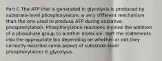 Part C The ATP that is generated in glycolysis is produced by substrate-level phosphorylation, a very different mechanism than the one used to produce ATP during oxidative phosphorylation. Phosphorylation reactions involve the addition of a phosphate group to another molecule. Sort the statements into the appropriate bin depending on whether or not they correctly describe some aspect of substrate-level phosphorylation in glycolysis.