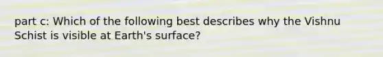 part c: Which of the following best describes why the Vishnu Schist is visible at Earth's surface?