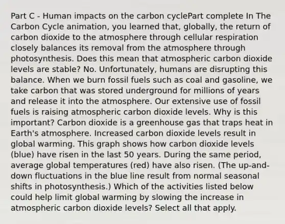 Part C - Human impacts on the carbon cyclePart complete In The Carbon Cycle animation, you learned that, globally, the return of carbon dioxide to the atmosphere through cellular respiration closely balances its removal from the atmosphere through photosynthesis. Does this mean that atmospheric carbon dioxide levels are stable? No. Unfortunately, humans are disrupting this balance. When we burn fossil fuels such as coal and gasoline, we take carbon that was stored underground for millions of years and release it into the atmosphere. Our extensive use of fossil fuels is raising atmospheric carbon dioxide levels. Why is this important? Carbon dioxide is a greenhouse gas that traps heat in Earth's atmosphere. Increased carbon dioxide levels result in global warming. This graph shows how carbon dioxide levels (blue) have risen in the last 50 years. During the same period, average global temperatures (red) have also risen. (The up-and-down fluctuations in the blue line result from normal seasonal shifts in photosynthesis.) Which of the activities listed below could help limit global warming by slowing the increase in atmospheric carbon dioxide levels? Select all that apply.