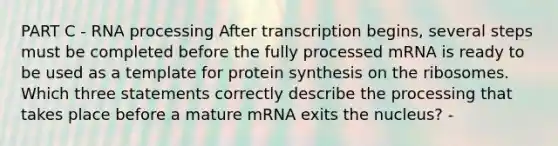 PART C - RNA processing After transcription begins, several steps must be completed before the fully processed mRNA is ready to be used as a template for protein synthesis on the ribosomes. Which three statements correctly describe the processing that takes place before a mature mRNA exits the nucleus? -