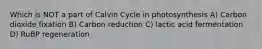 Which is NOT a part of Calvin Cycle in photosynthesis A) Carbon dioxide fixation B) Carbon reduction C) lactic acid fermentation D) RuBP regeneration