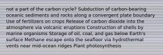 not a part of the carbon cycle? Subduction of carbon-bearing oceanic sediments and rocks along a convergent plate boundary Use of fertilizers on crops Release of carbon dioxide into the atmosphere via volcanic eruptions Construction of shells by marine organisms Storage of oil, coal, and gas below Earth's surface Methane escape onto the seafloor via hydrothermal vents near mid-ocean ridges Plant photosynthesis