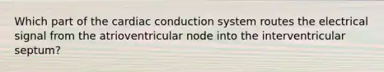 Which part of the cardiac conduction system routes the electrical signal from the atrioventricular node into the interventricular septum?