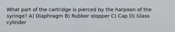 What part of the cartridge is pierced by the harpoon of the syringe? A) Diaphragm B) Rubber stopper C) Cap D) Glass cylinder