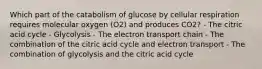 Which part of the catabolism of glucose by cellular respiration requires molecular oxygen (O2) and produces CO2? - The citric acid cycle - Glycolysis - The electron transport chain - The combination of the citric acid cycle and electron transport - The combination of glycolysis and the citric acid cycle