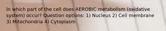 In which part of the cell does AEROBIC metabolism (oxidative system) occur? Question options: 1) Nucleus 2) Cell membrane 3) Mitochondria 4) Cytoplasm