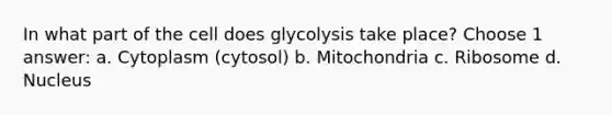 In what part of the cell does glycolysis take place? Choose 1 answer: a. Cytoplasm (cytosol) b. Mitochondria c. Ribosome d. Nucleus