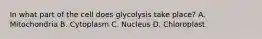 In what part of the cell does glycolysis take place? A. Mitochondria B. Cytoplasm C. Nucleus D. Chloroplast