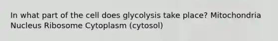 In what part of the cell does glycolysis take place? Mitochondria Nucleus Ribosome Cytoplasm (cytosol)