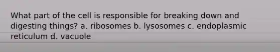 What part of the cell is responsible for breaking down and digesting things? a. ribosomes b. lysosomes c. endoplasmic reticulum d. vacuole