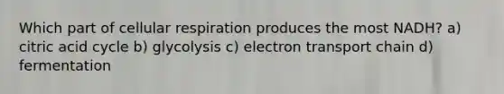 Which part of cellular respiration produces the most NADH? a) citric acid cycle b) glycolysis c) electron transport chain d) fermentation