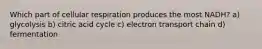 Which part of cellular respiration produces the most NADH? a) glycolysis b) citric acid cycle c) electron transport chain d) fermentation