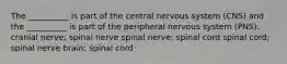 The __________ is part of the central nervous system (CNS) and the __________ is part of the peripheral nervous system (PNS). cranial nerve; spinal nerve spinal nerve; spinal cord spinal cord; spinal nerve brain; spinal cord