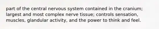 part of the central nervous system contained in the cranium; largest and most complex nerve tissue; controls sensation, muscles, glandular activity, and the power to think and feel.