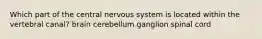 Which part of the central nervous system is located within the vertebral canal? brain cerebellum ganglion spinal cord