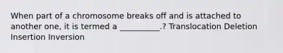 When part of a chromosome breaks off and is attached to another one, it is termed a __________.? Translocation Deletion Insertion Inversion