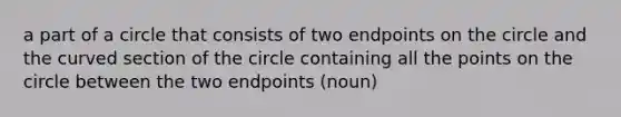 a part of a circle that consists of two endpoints on the circle and the curved section of the circle containing all the points on the circle between the two endpoints (noun)