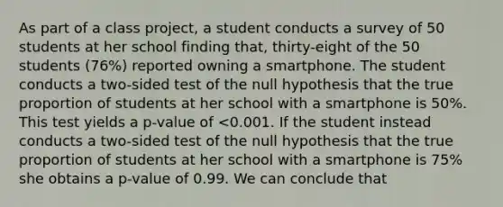 As part of a class project, a student conducts a survey of 50 students at her school finding that, thirty-eight of the 50 students (76%) reported owning a smartphone. The student conducts a two-sided test of the null hypothesis that the true proportion of students at her school with a smartphone is 50%. This test yields a p-value of <0.001. If the student instead conducts a two-sided test of the null hypothesis that the true proportion of students at her school with a smartphone is 75% she obtains a p-value of 0.99. We can conclude that