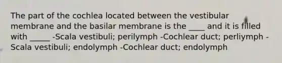 The part of the cochlea located between the vestibular membrane and the basilar membrane is the ____ and it is filled with _____ -Scala vestibuli; perilymph -Cochlear duct; perliymph -Scala vestibuli; endolymph -Cochlear duct; endolymph