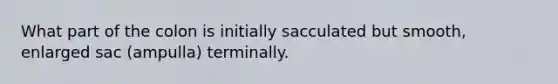 What part of the colon is initially sacculated but smooth, enlarged sac (ampulla) terminally.