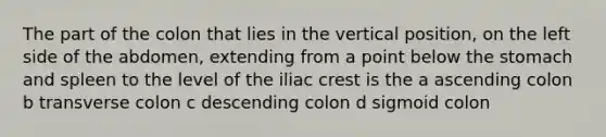 The part of the colon that lies in the vertical position, on the left side of the abdomen, extending from a point below the stomach and spleen to the level of the iliac crest is the a ascending colon b transverse colon c descending colon d sigmoid colon