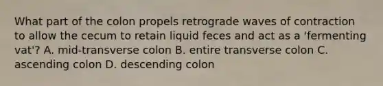 What part of the colon propels retrograde waves of contraction to allow the cecum to retain liquid feces and act as a 'fermenting vat'? A. mid-transverse colon B. entire transverse colon C. ascending colon D. descending colon