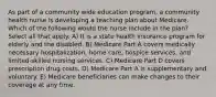 As part of a community wide education program, a community health nurse is developing a teaching plan about Medicare. Which of the following would the nurse include in the plan? Select all that apply. A) It is a state health insurance program for elderly and the disabled. B) Medicare Part A covers medically necessary hospitalization, home care, hospice services, and limited-skilled nursing services. C) Medicare Part D covers prescription drug costs. D) Medicare Part A is supplementary and voluntary. E) Medicare beneficiaries can make changes to their coverage at any time.