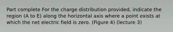 Part complete For the charge distribution provided, indicate the region (A to E) along the horizontal axis where a point exists at which the net electric field is zero. (Figure 4) (lecture 3)