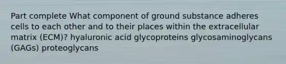 Part complete What component of ground substance adheres cells to each other and to their places within the extracellular matrix (ECM)? hyaluronic acid glycoproteins glycosaminoglycans (GAGs) proteoglycans