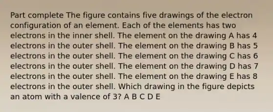 Part complete The figure contains five drawings of the electron configuration of an element. Each of the elements has two electrons in the inner shell. The element on the drawing A has 4 electrons in the outer shell. The element on the drawing B has 5 electrons in the outer shell. The element on the drawing C has 6 electrons in the outer shell. The element on the drawing D has 7 electrons in the outer shell. The element on the drawing E has 8 electrons in the outer shell. Which drawing in the figure depicts an atom with a valence of 3? A B C D E