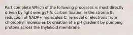 Part complete Which of the following processes is most directly driven by light energy? A: carbon fixation in the stroma B: reduction of NADP+ molecules C: removal of electrons from chlorophyll molecules D: creation of a pH gradient by pumping protons across the thylakoid membrane