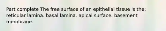 Part complete The free surface of an epithelial tissue is the: reticular lamina. basal lamina. apical surface. basement membrane.