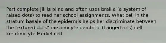 Part complete Jill is blind and often uses braille (a system of raised dots) to read her school assignments. What cell in the stratum basale of the epidermis helps her discriminate between the textured dots? melanocyte dendritic (Langerhans) cell keratinocyte Merkel cell