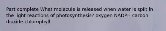 Part complete What molecule is released when water is split in the light reactions of photosynthesis? oxygen NADPH carbon dioxide chlorophyll