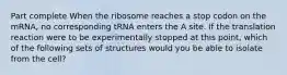 Part complete When the ribosome reaches a stop codon on the mRNA, no corresponding tRNA enters the A site. If the translation reaction were to be experimentally stopped at this point, which of the following sets of structures would you be able to isolate from the cell?