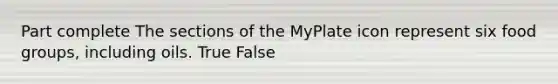 Part complete The sections of the MyPlate icon represent six food groups, including oils. True False