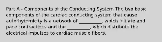 Part A - Components of the Conducting System The two basic components of the cardiac conducting system that cause autorhythmicity is a network of __________, which initiate and pace contractions and the __________, which distribute the electrical impulses to cardiac muscle fibers.