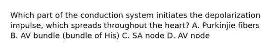 Which part of the conduction system initiates the depolarization impulse, which spreads throughout <a href='https://www.questionai.com/knowledge/kya8ocqc6o-the-heart' class='anchor-knowledge'>the heart</a>? A. Purkinjie fibers B. AV bundle (bundle of His) C. SA node D. AV node