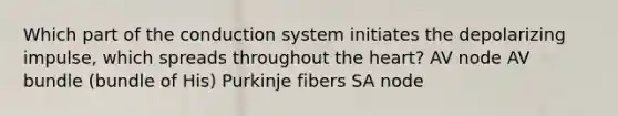 Which part of the conduction system initiates the depolarizing impulse, which spreads throughout <a href='https://www.questionai.com/knowledge/kya8ocqc6o-the-heart' class='anchor-knowledge'>the heart</a>? AV node AV bundle (bundle of His) Purkinje fibers SA node