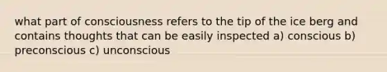 what part of consciousness refers to the tip of the ice berg and contains thoughts that can be easily inspected a) conscious b) preconscious c) unconscious