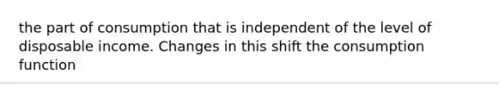 the part of consumption that is independent of the level of disposable income. Changes in this shift the consumption function