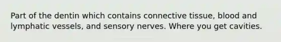 Part of the dentin which contains <a href='https://www.questionai.com/knowledge/kYDr0DHyc8-connective-tissue' class='anchor-knowledge'>connective tissue</a>, blood and <a href='https://www.questionai.com/knowledge/ki6sUebkzn-lymphatic-vessels' class='anchor-knowledge'>lymphatic vessels</a>, and sensory nerves. Where you get cavities.