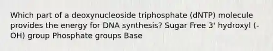 Which part of a deoxynucleoside triphosphate (dNTP) molecule provides the energy for DNA synthesis? Sugar Free 3' hydroxyl (-OH) group Phosphate groups Base