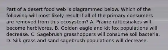 Part of a desert food web is diagrammed below. Which of the following will most likely result if all of the primary consumers are removed from this ecosystem? A. Prairie rattlesnakes will become herbivores. B. Golden eagle and kit fox populations will decrease. C. Sagebrush grasshoppers will consume soil bacteria. D. Silk grass and sand sagebrush populations will decrease.