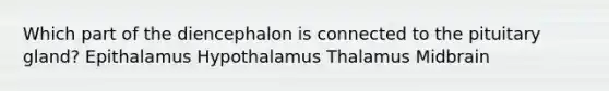 Which part of the diencephalon is connected to the pituitary gland? Epithalamus Hypothalamus Thalamus Midbrain