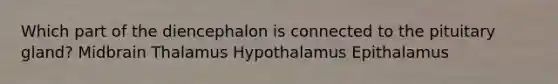 Which part of the diencephalon is connected to the pituitary gland? Midbrain Thalamus Hypothalamus Epithalamus